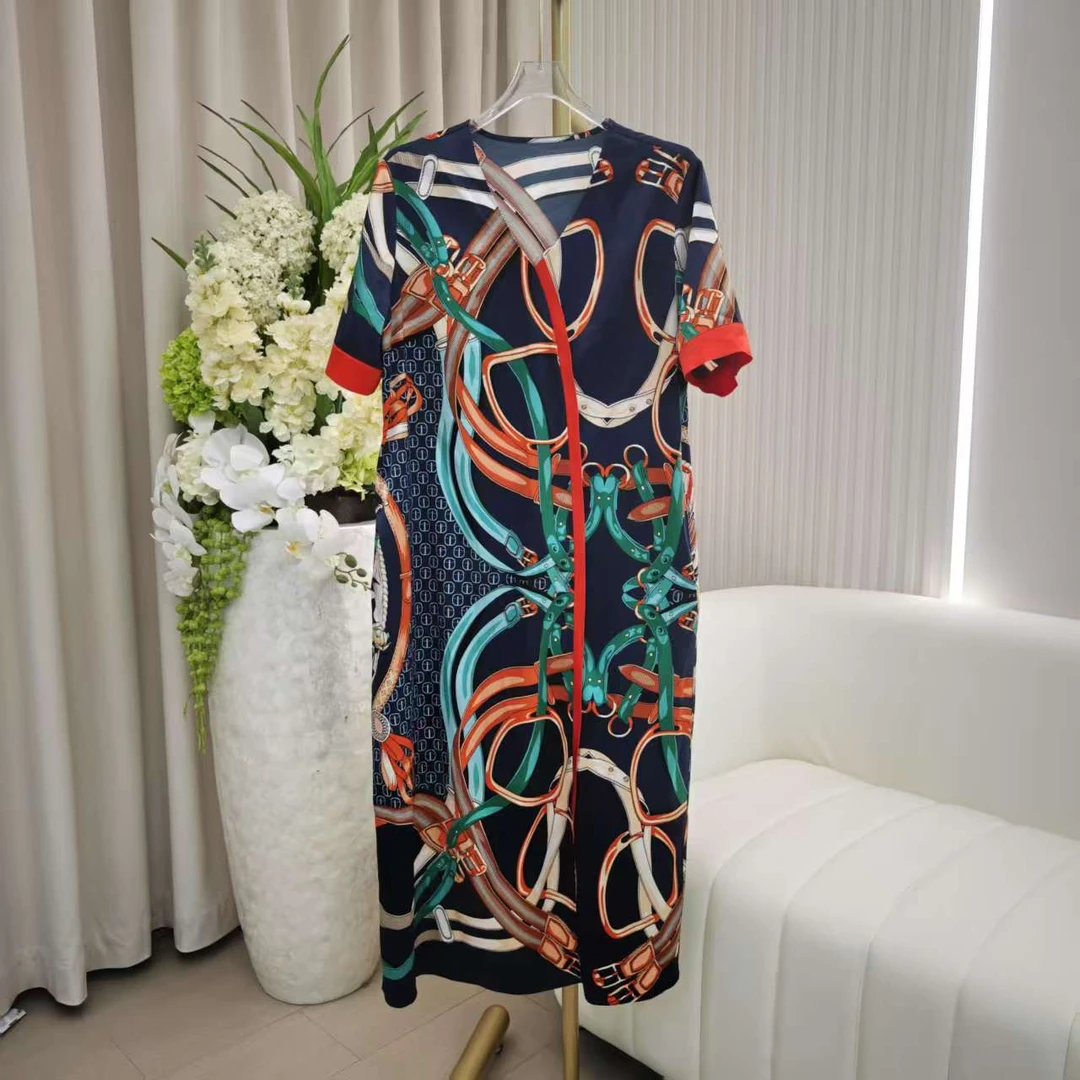 【宸慕】印花夏季V领中长款桑蚕丝连衣裙25646