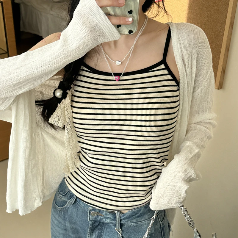 新款春夏百搭条纹修身小背心女式性感打底外穿吊带衫