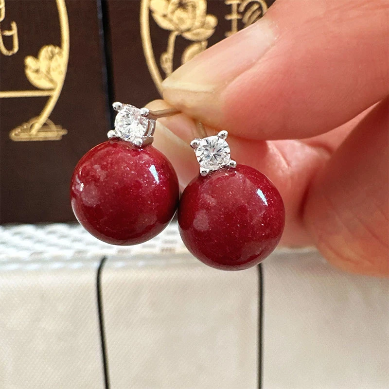 含辰砂工艺品辰砂朱砂耳钉2025新中式红色耳钉S925银针本命年耳钉