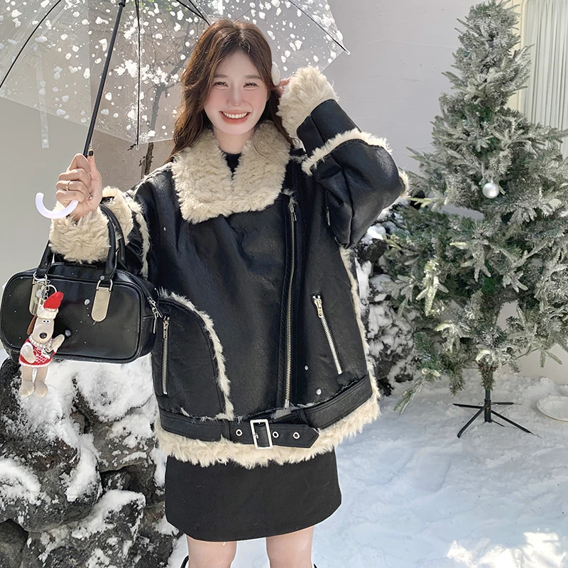 皮毛一体机车服高冷酷飒女装秋冬季穿搭羊羔毛外套短款皮衣加厚