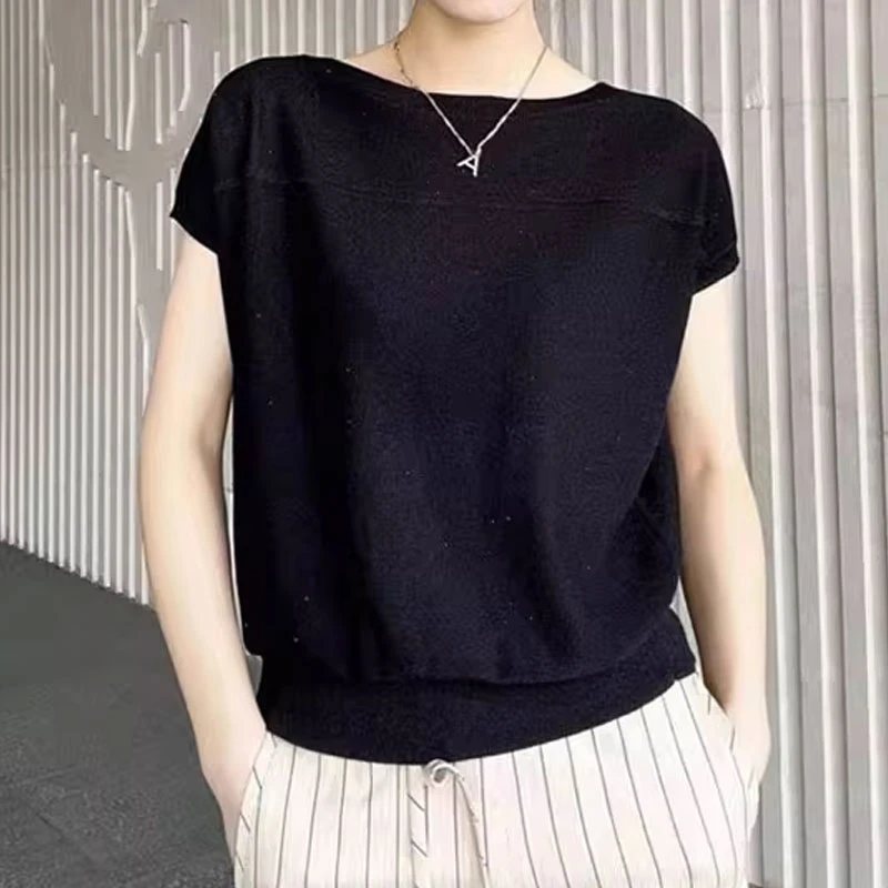 【商场同款】2025新款夏季通勤细闪冰丝圆领套头针织衫短袖上衣