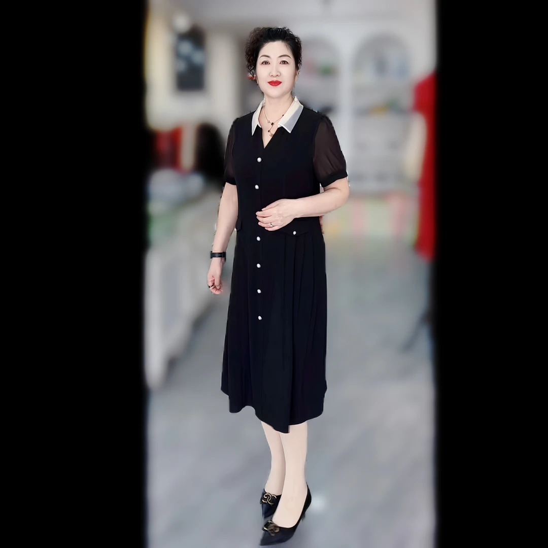 半开翻领短袖连衣裙女夏季新款撞色拼接设计感名媛气质中长款裙子