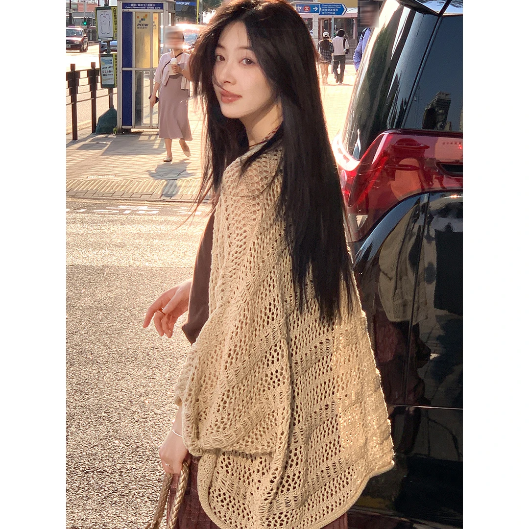 夏诗文 带子纱镂空针织开衫女蝙蝠袖氛围感宽松上衣