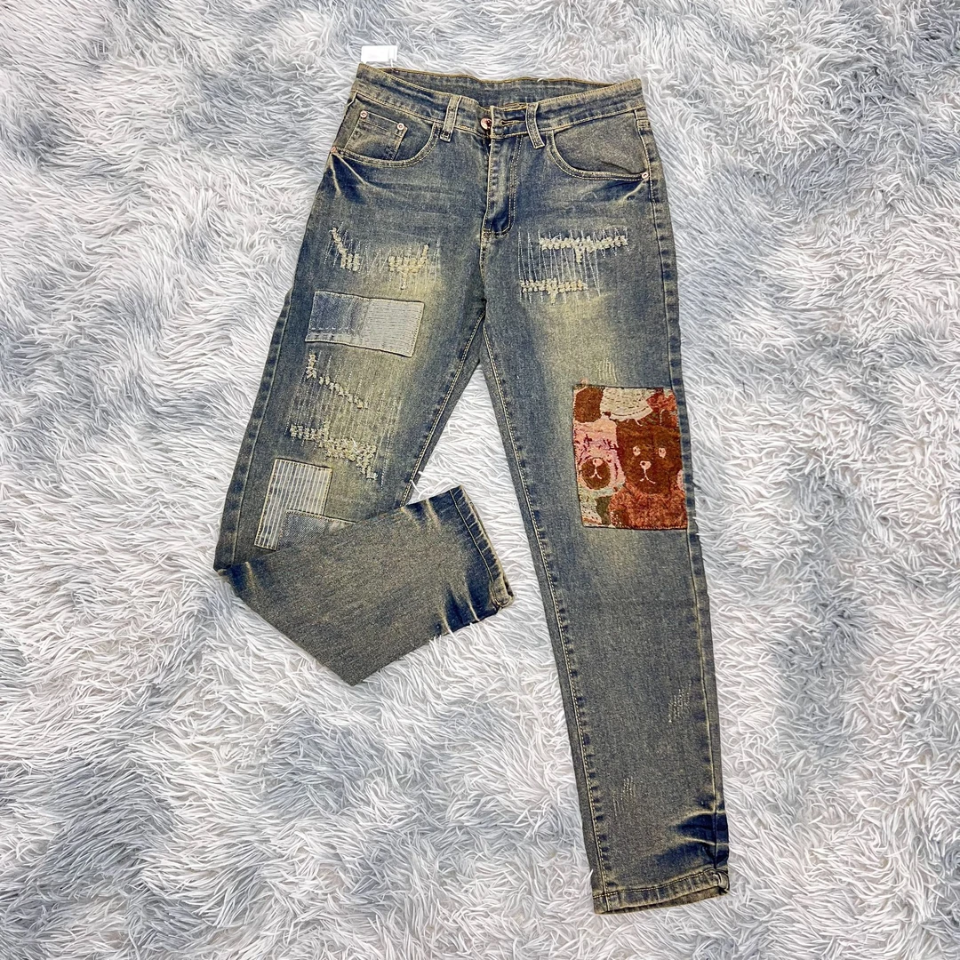 【栖木T106】新款做旧色拼接高级轻奢修身小脚弹力百搭牛仔裤