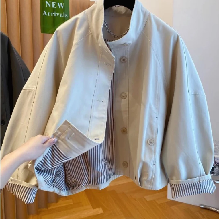 （法夏尔严选）风立领夹克外套女2025新款宽松休闲内里条纹短款风衣