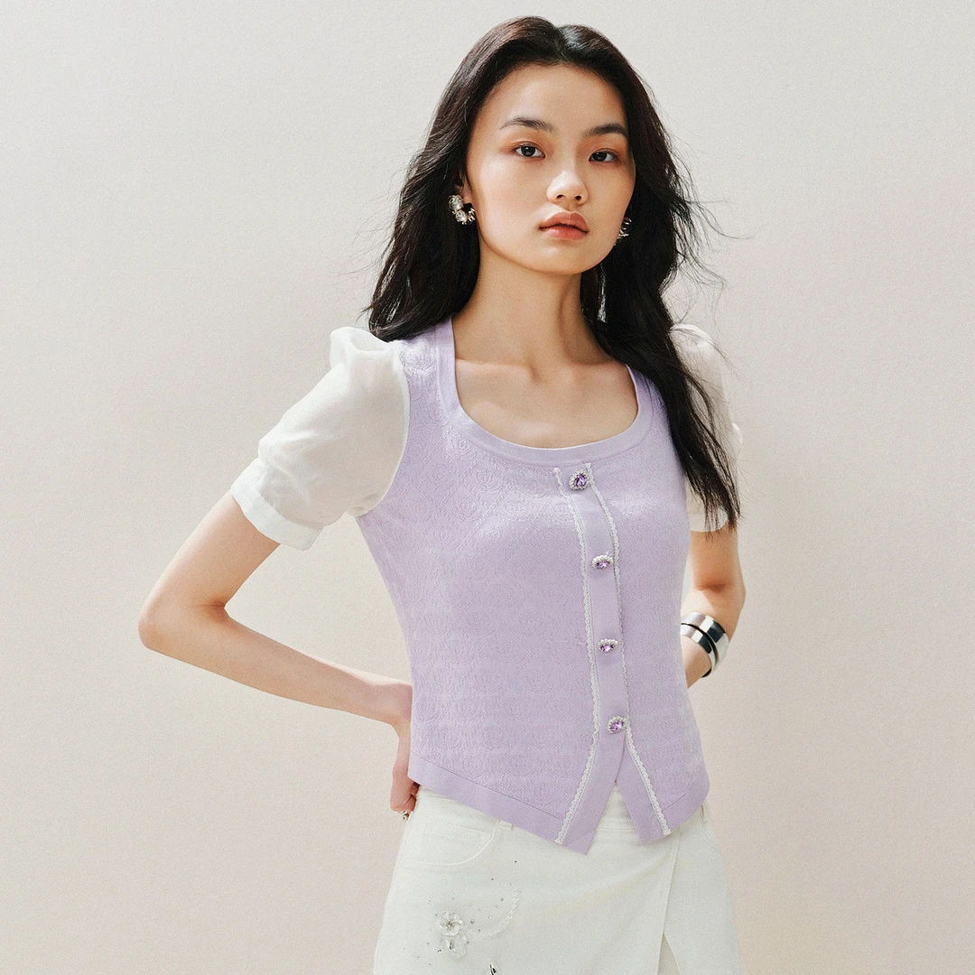 轻复古浪漫修身上衣女拼接网纱针织衫