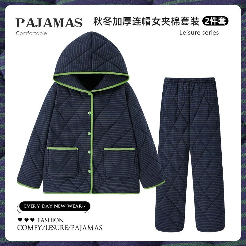 睡衣女三层夹棉加绒加厚2025新款冬季条纹大码连帽家居服套装外穿