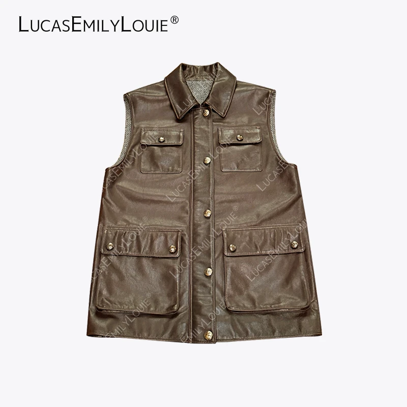 LUCASEMILYLOUIE 复古美国小牛皮无涂层自然甩口袋皮马甲2411055