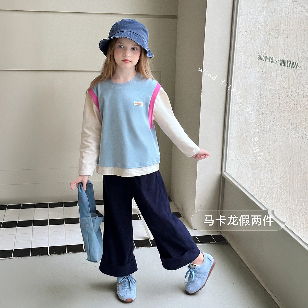 【三明治】蓝小爸童装女童假两件长袖T秋季宝宝拼色洋气上衣
