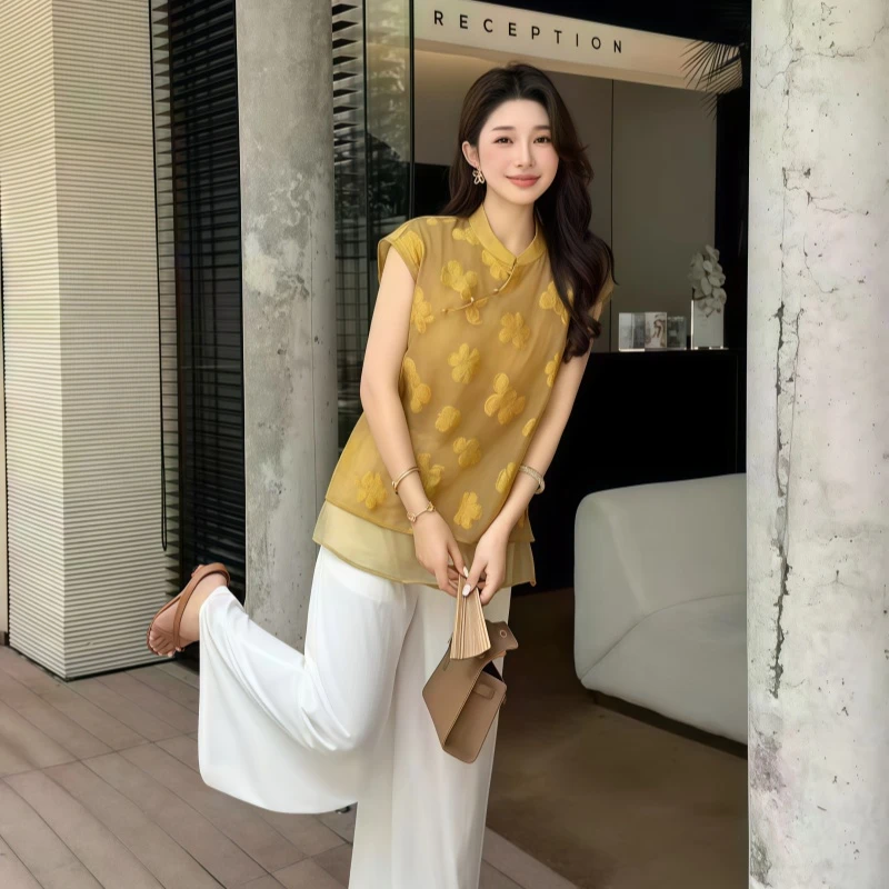 时尚提花宽松时尚中国风新中式复古夏季女装套装印花上衣小衫洋气