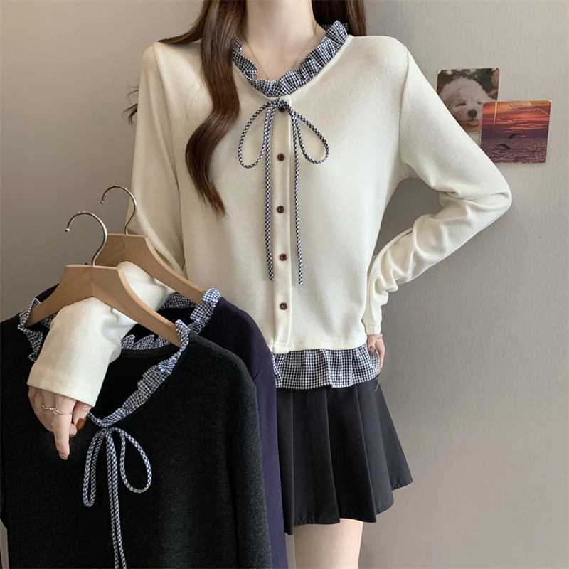 大码2025秋季系带长袖高级木耳边假两件遮肉宽松长袖上衣时尚