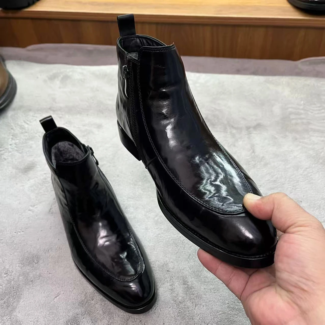 冬季加绒马丁靴男士胎牛皮手抓纹中高帮皮鞋侧拉链商务短靴英伦风