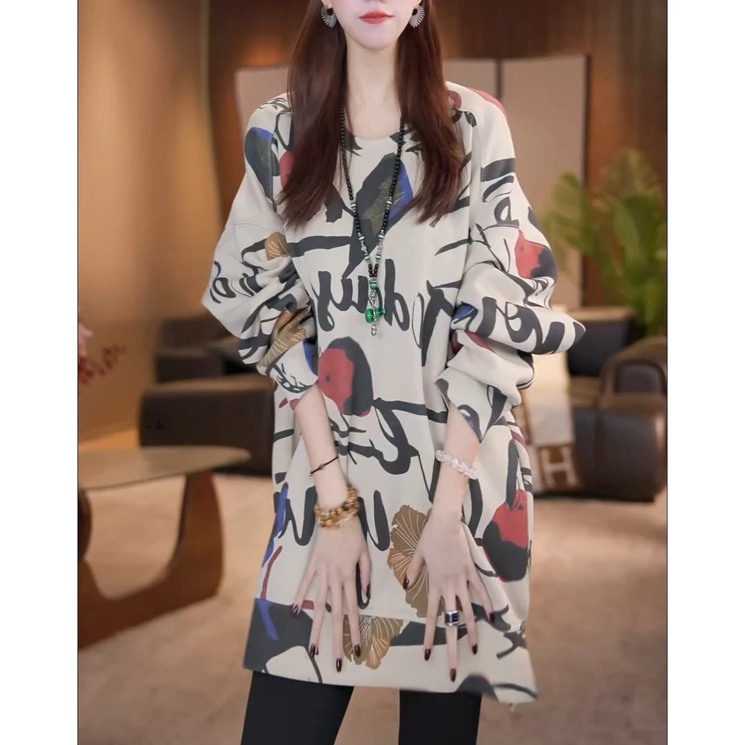 通勤宽松显瘦设计感长袖卫衣春季新款时尚洋气印花圆领打底衫上衣