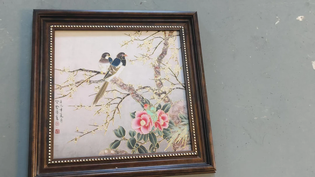 珐琅彩新中式国风喜鹊登枝金沙画客厅卧室床头法式装饰画