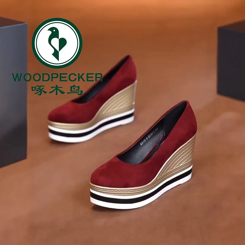 啄木鸟欧美不累脚高跟鞋女2025春夏新款厚底坡跟圆头绒面浅口单鞋