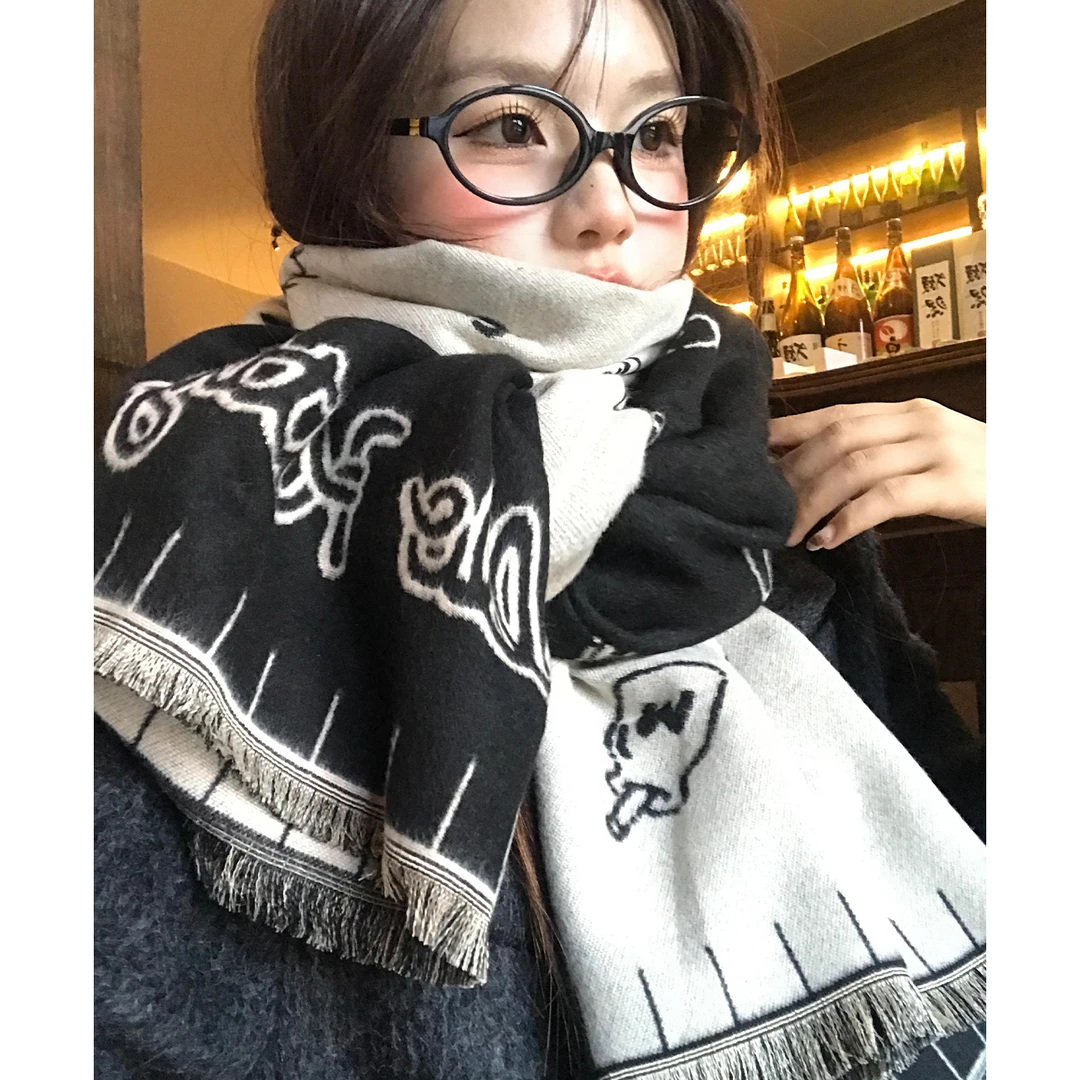 可爱kitty猫黑白双面针织围巾女秋冬季韩系保暖加厚护颈学生围脖
