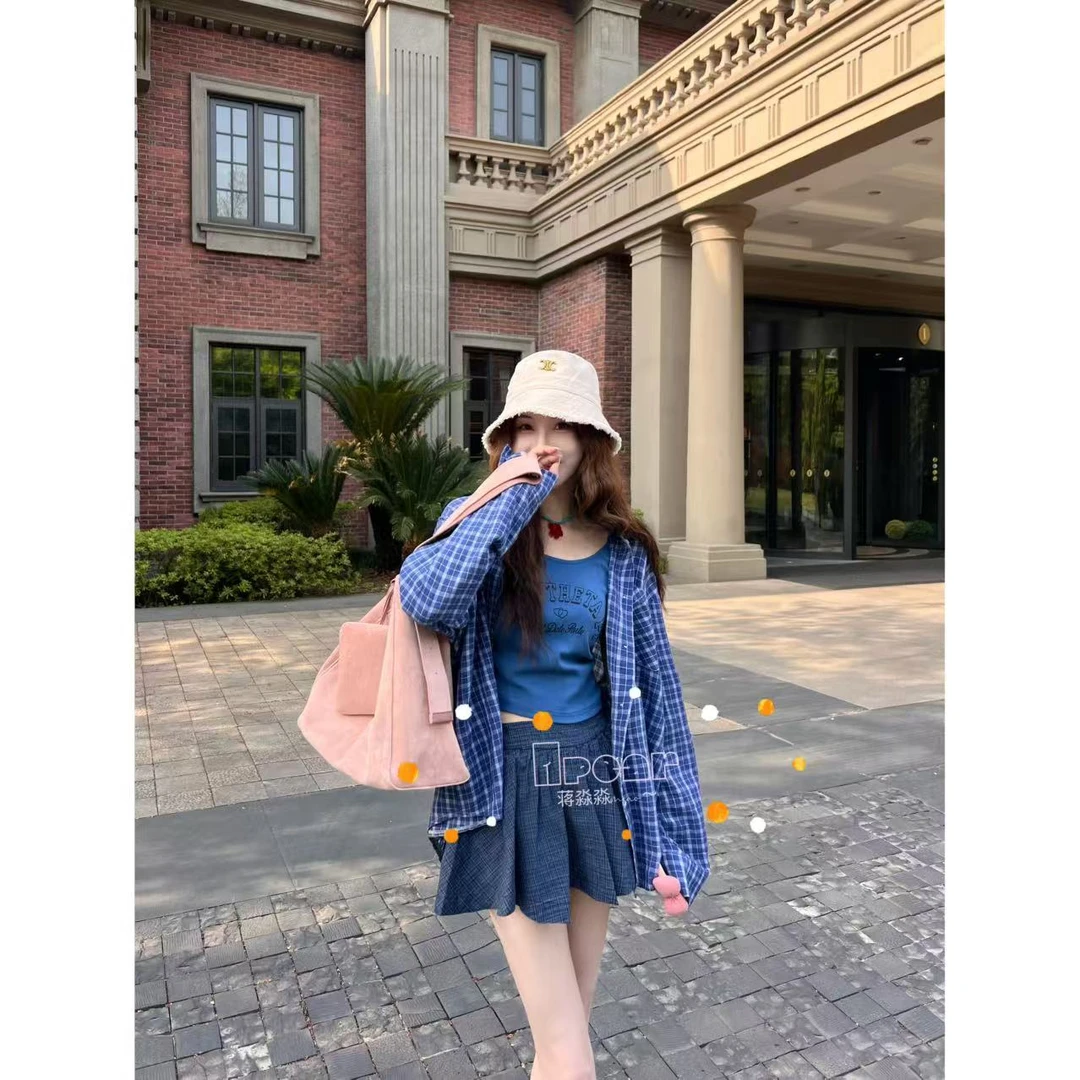 Apear♥青木凛月~韩系时尚慵懒感宽松显瘦设计感格子衬衫