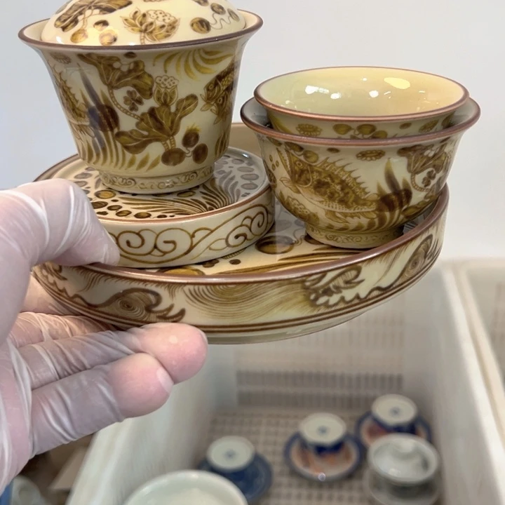 瓷片釉里金鱼藻纹五件套全品