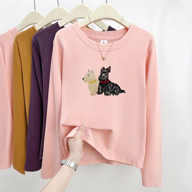 可爱小狗印花秋冬2025新款正肩圆领长袖T恤韩系百搭显瘦上衣ins潮
