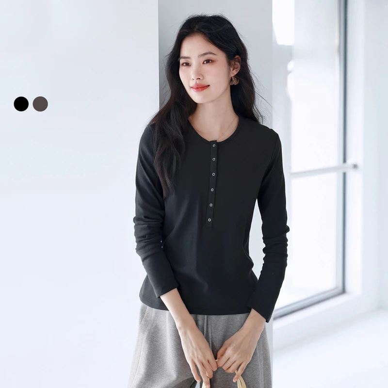 伊芙丽美式亨利领亚麻黑色正肩长袖内搭T恤女春舒适T恤1G2901551