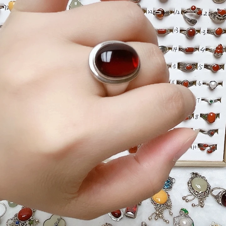 血珀银S925镶嵌戒指天然