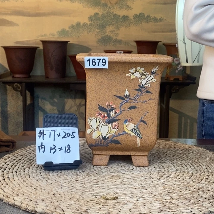 紫砂花盆   新品福利柴烧彩绘玉兰高脚签筒1679