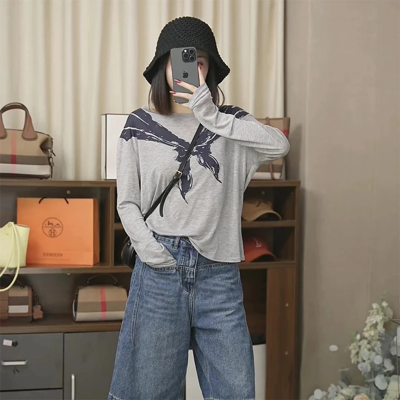 美式复古印花长袖T恤女夏季2025薄款宽松小众设计感防晒罩衫上衣