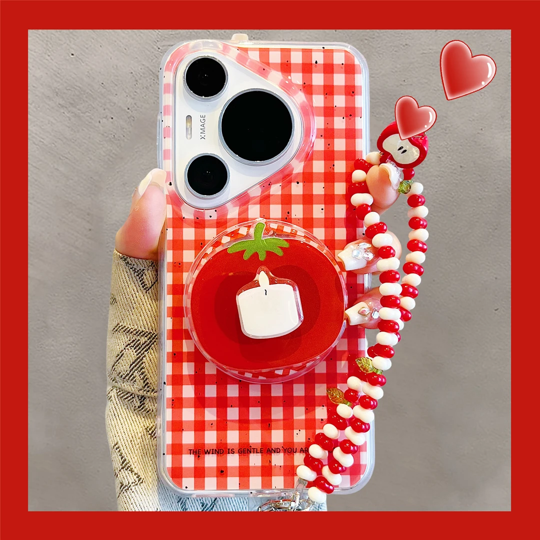 适用华为pura70pro+手机壳韩系ins红色格纹番茄磁吸支架mate70pro