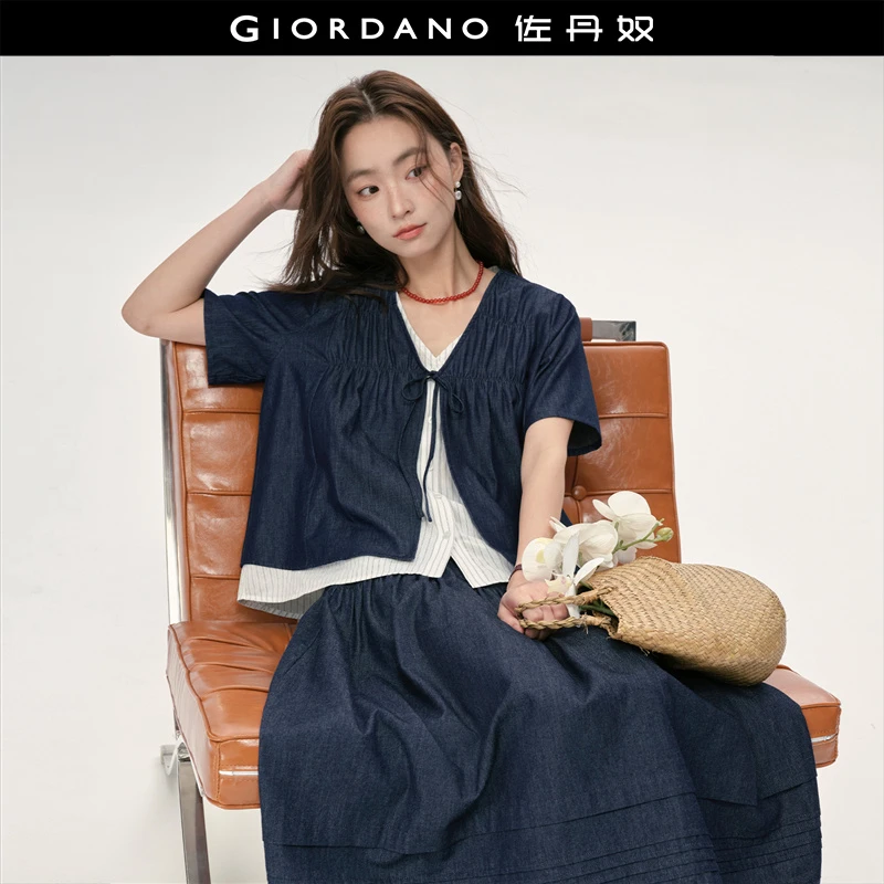 佐丹奴衬衫女装设计师款假两件牛仔拼接条纹V领短袖衬衫18345214