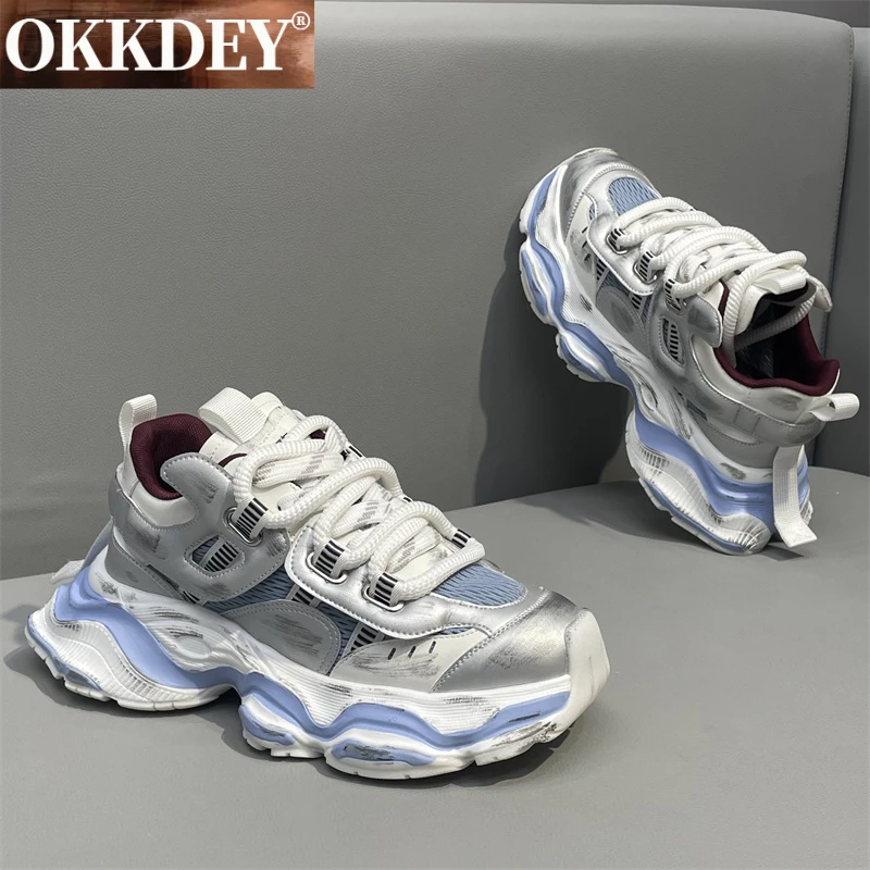 okkdey轻奢百搭男鞋透气拼色休闲鞋厚底增高老爹鞋时尚软底运动鞋