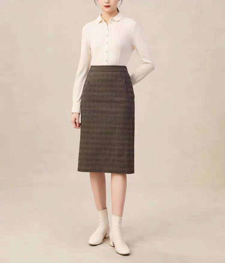 春季新款英伦格纹松紧腰中长款包臀半身裙5200365