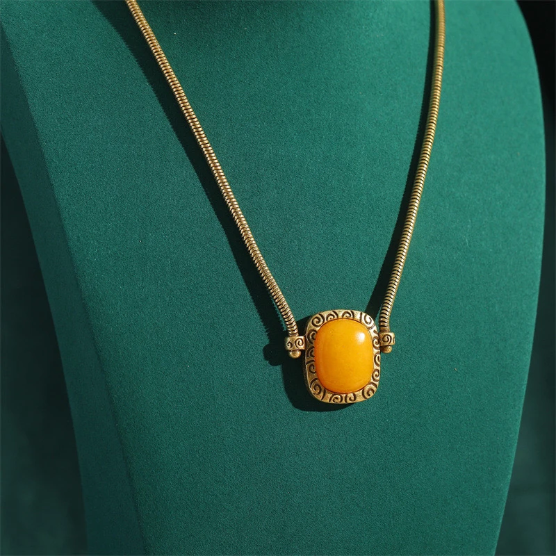 铜合金项链 中古vintage铜做旧镀18K高保色黄色石头蛇骨链项链