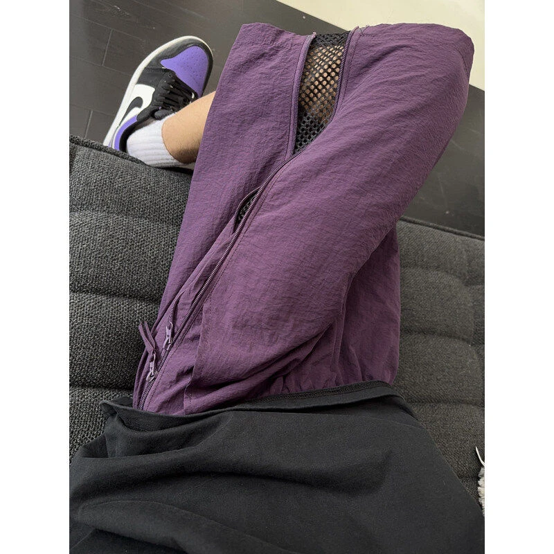 乌梅紫网眼透气冰丝短裤男款夏外穿运动裤子复古侧拉链五分沙滩裤