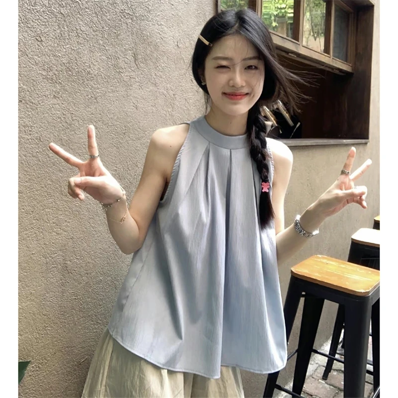 夏季2025新款洋气设计感小众辣妹穿搭无袖挂脖法式上衣纯欲风衬衫