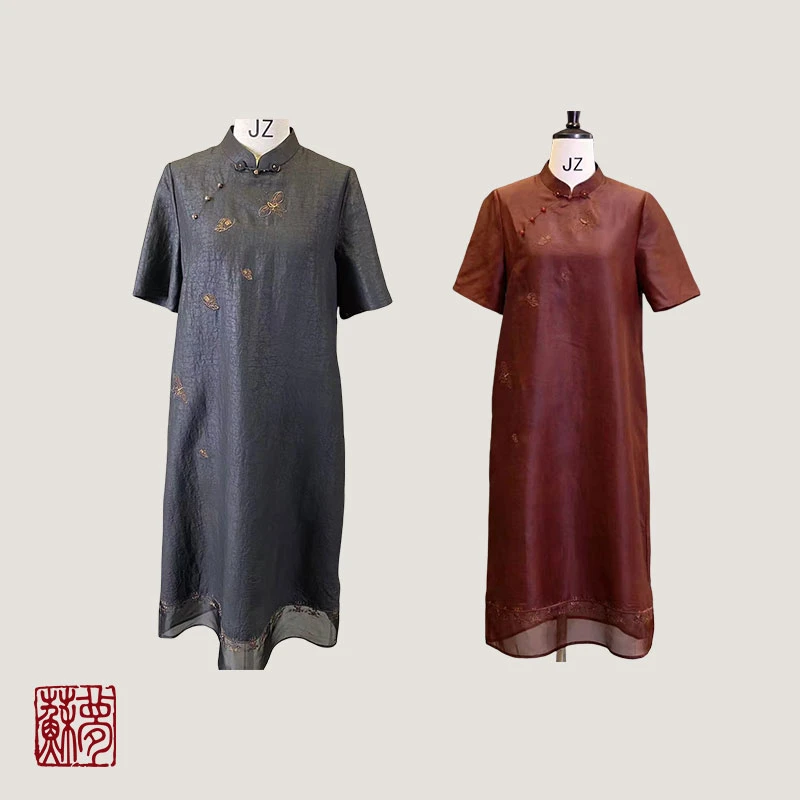 【福】蝶羽芬飞香云纱绣花立领旗袍桑蚕丝连衣裙新中式0102507