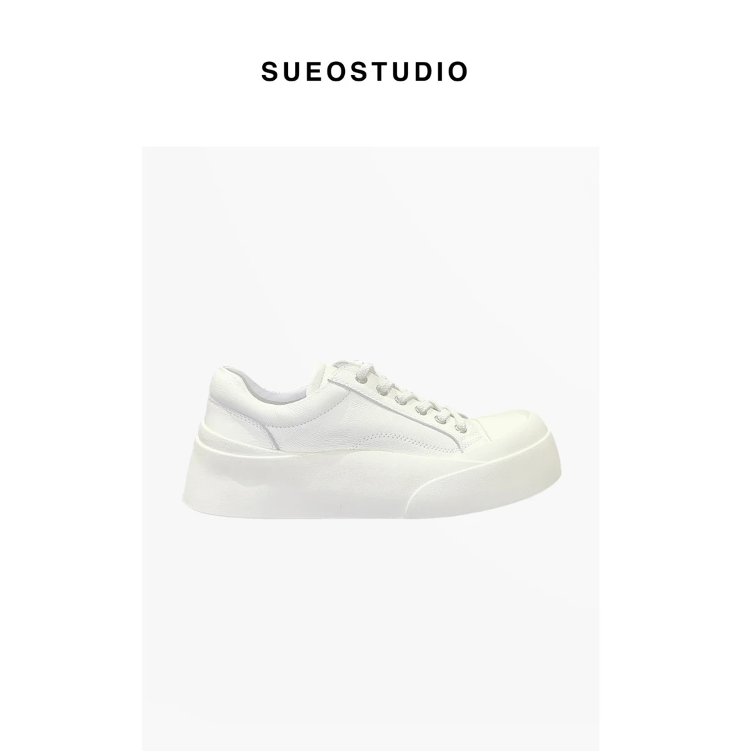 SUEO 【微翘·饼干鞋】双面牛皮免系松紧鞋带显高圆头百搭休闲鞋