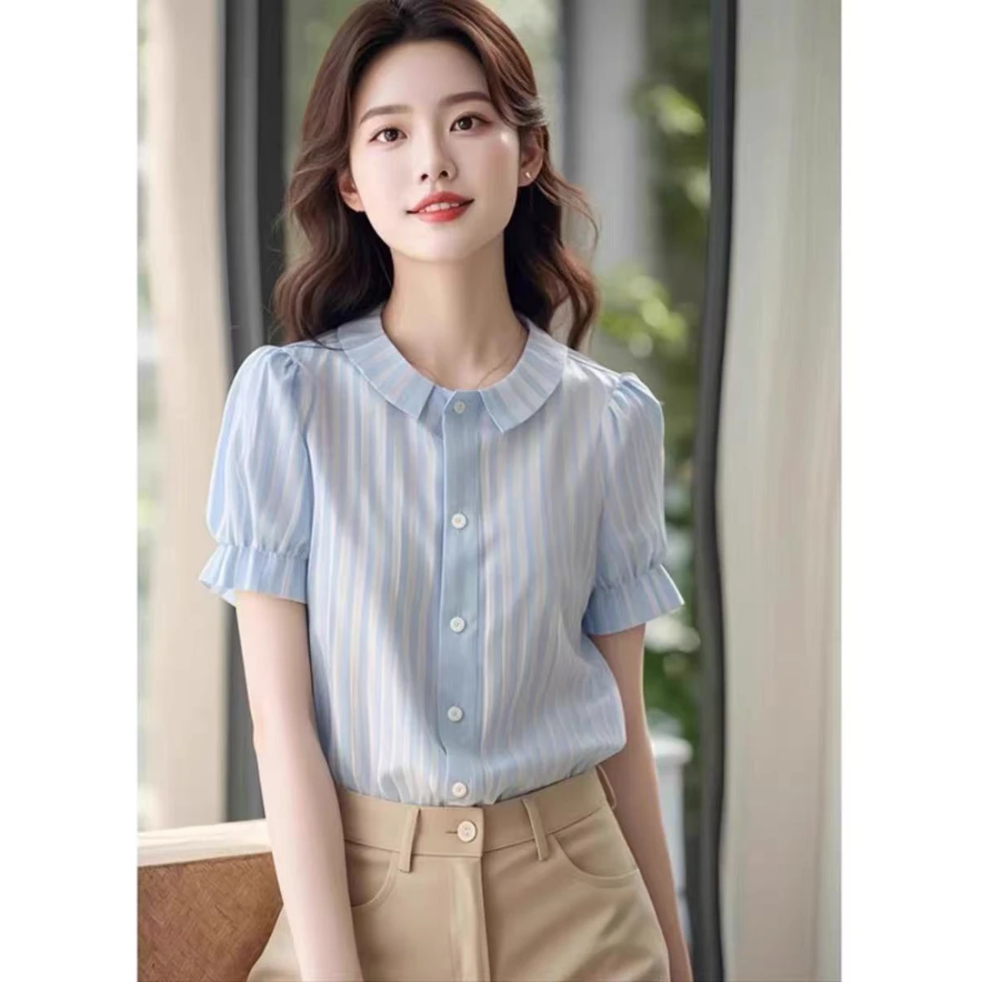 蓝色条纹雪纺衬衫女夏季2025年新款法式气质短袖轻熟风小个子衬衣