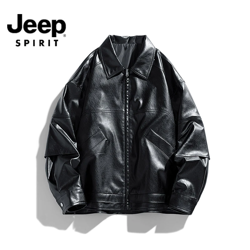 jeep吉普皮衣男士外套秋冬季宽松百搭翻领帅气机车服潮牌时尚夹克