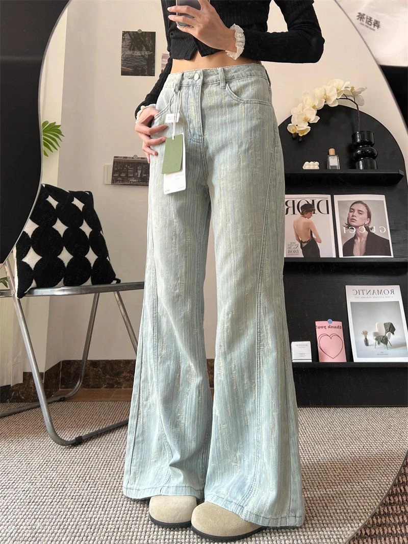 默认微瑕夏季牛仔裤浅色微喇夏季2025年新款高腰不贴腿提花
