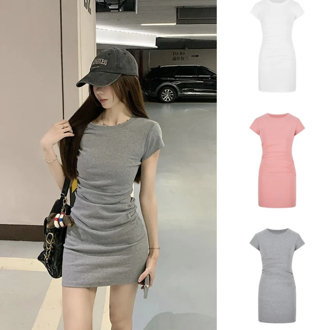 新款灰色褶皱修身连衣裙女修身显瘦内搭气质包臀A字短裙圆领裙子