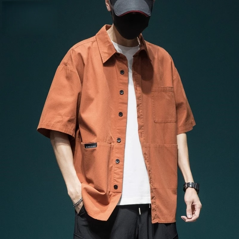 Cosp Kosp 高级橘色短袖衬衫男夏季宽松大码工装衬衣休闲半袖上衣
