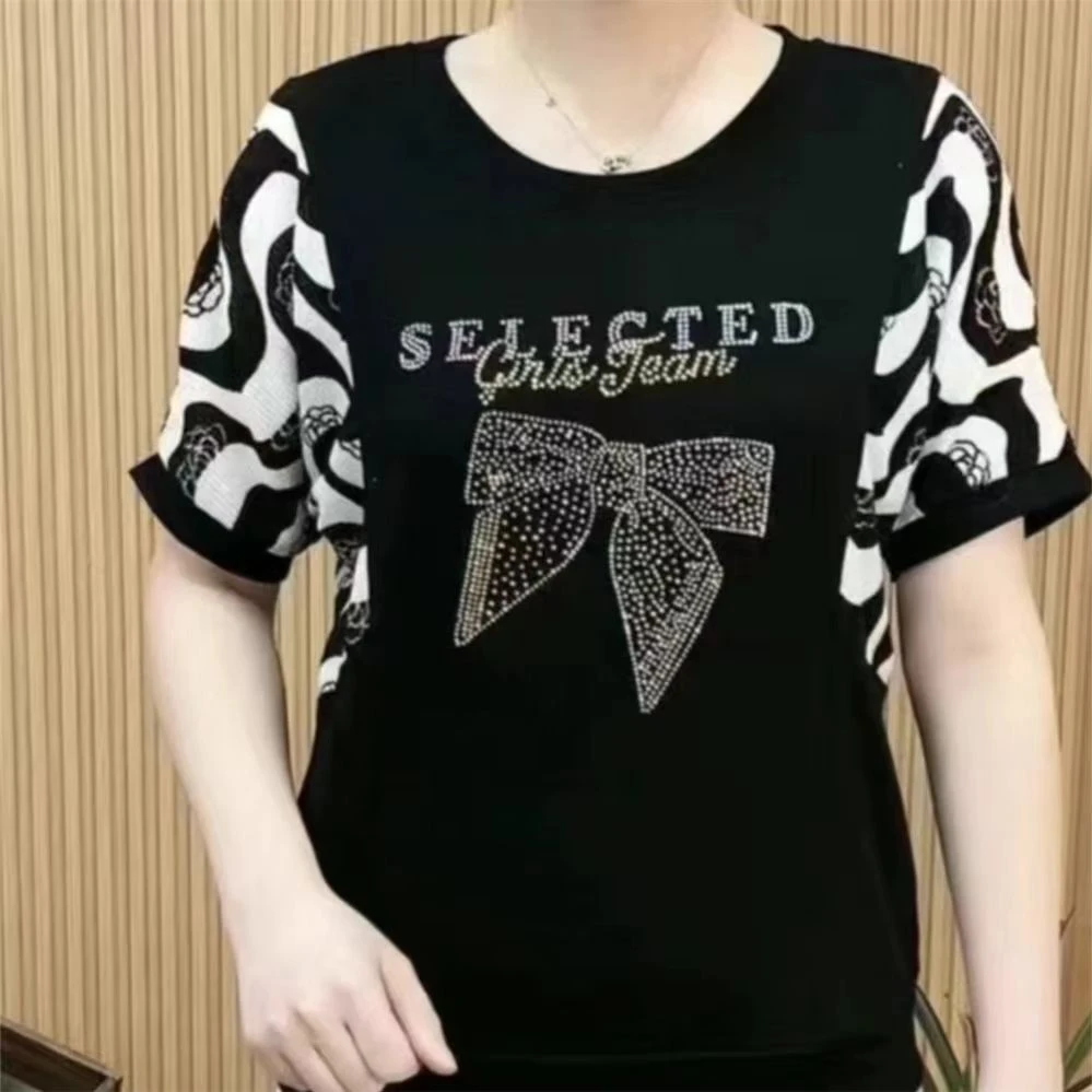 圆领短袖烫印T恤韩版大码打底衫百搭夏季拼接夏装洋气休闲女装