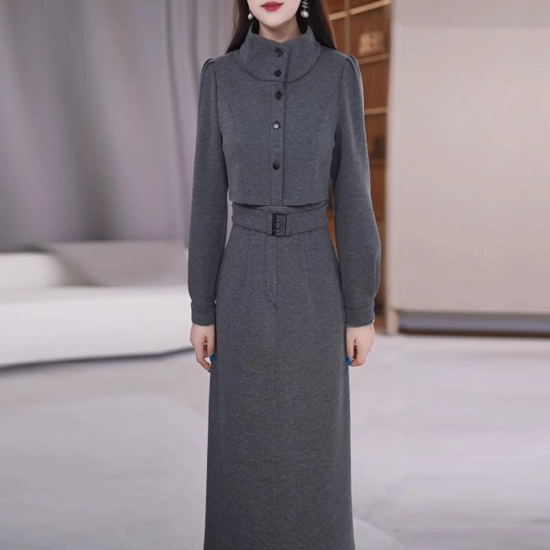 玖慕假两件立领连衣裙女秋季2025新款收腰气质高级感过膝a字裙子