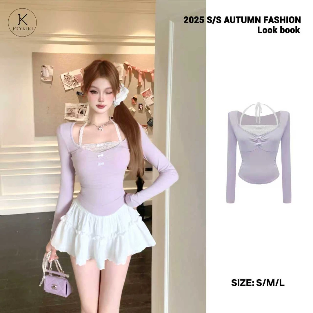 JOY KIKI鹅了么【芋泥波波】秋季蕾丝拼长袖弹力少女T恤 J25C159