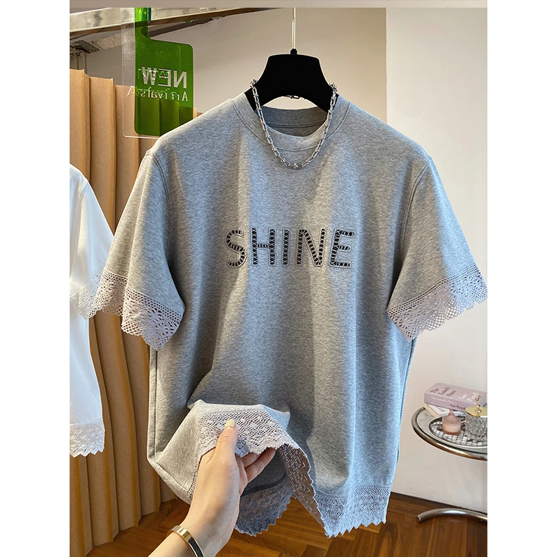 2025新款欧货设计感灰色镂空t恤女短袖宽松别致蕾丝拼接圆领上衣