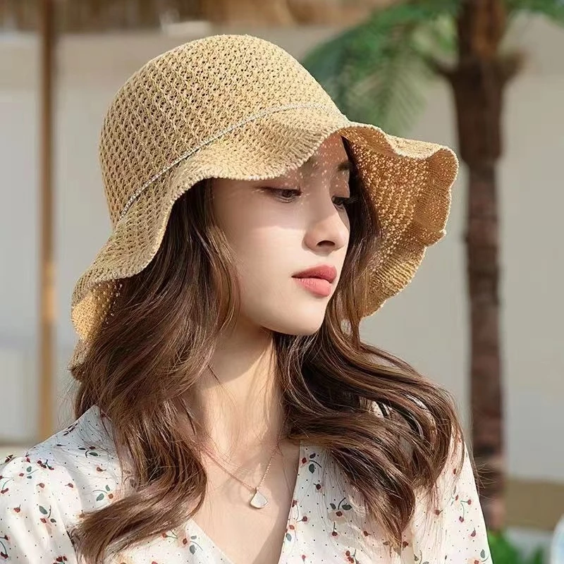 韩版帽子女波浪边花朵镂空透气遮阳渔夫夏天春秋沙滩可折叠太阳帽