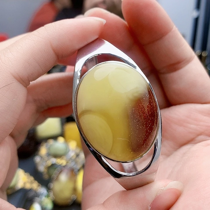 琥珀裸石银S925镶嵌手镯