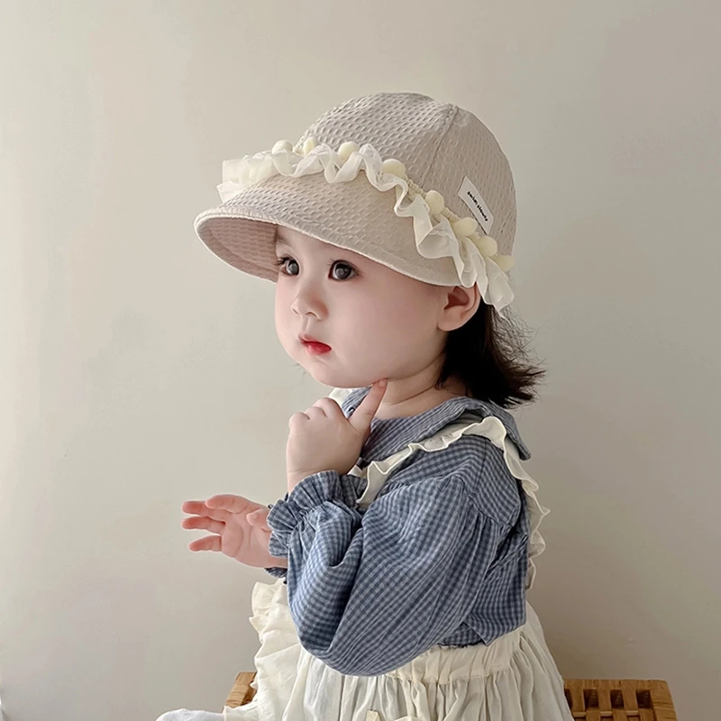 韩系甜美蕾丝边儿童帽子春秋季遮阳防风大檐鸭舌帽女宝宝棒球帽冬