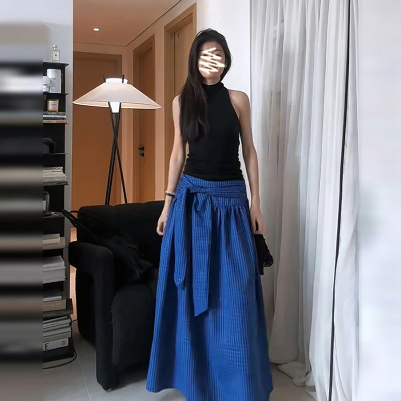 2372法式气质连衣裙子女夏季2025新爆款高级感蓝色格子长裙套装