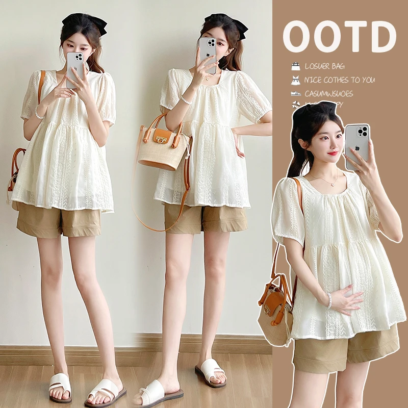 2025夏季新款孕妇娃娃衫小清新宽松显瘦时尚百搭孕妈妈减龄上衣